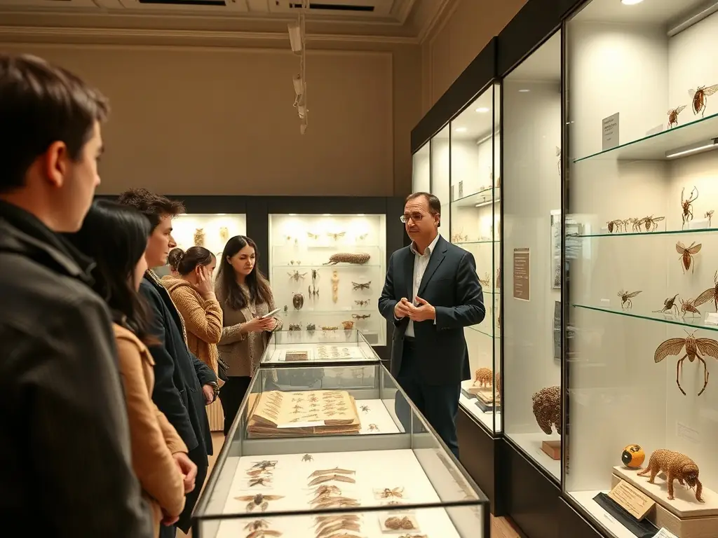 A photograph showcasing a guided tour of the J H Fabre museum, with a knowledgeable guide explaining the exhibits to an attentive group of visitors.