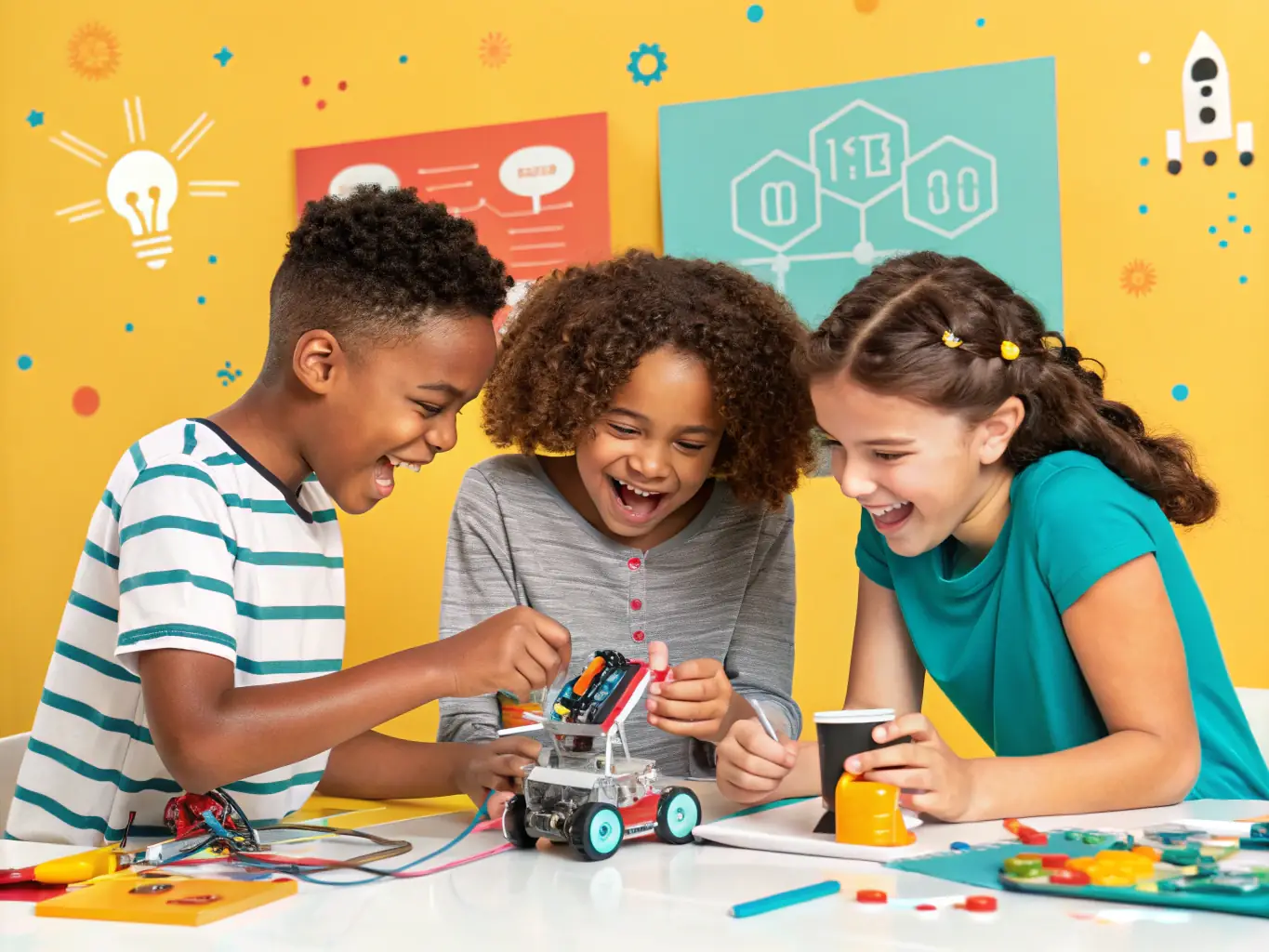 A detailed photograph of a group of children participating in a hands-on insect study workshop at the J H Fabre museum, showcasing their engagement and excitement.