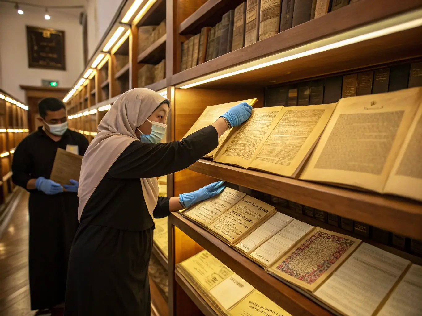 A photograph of researchers examining historical documents and artifacts related to J H Fabre in the museum's research archive.