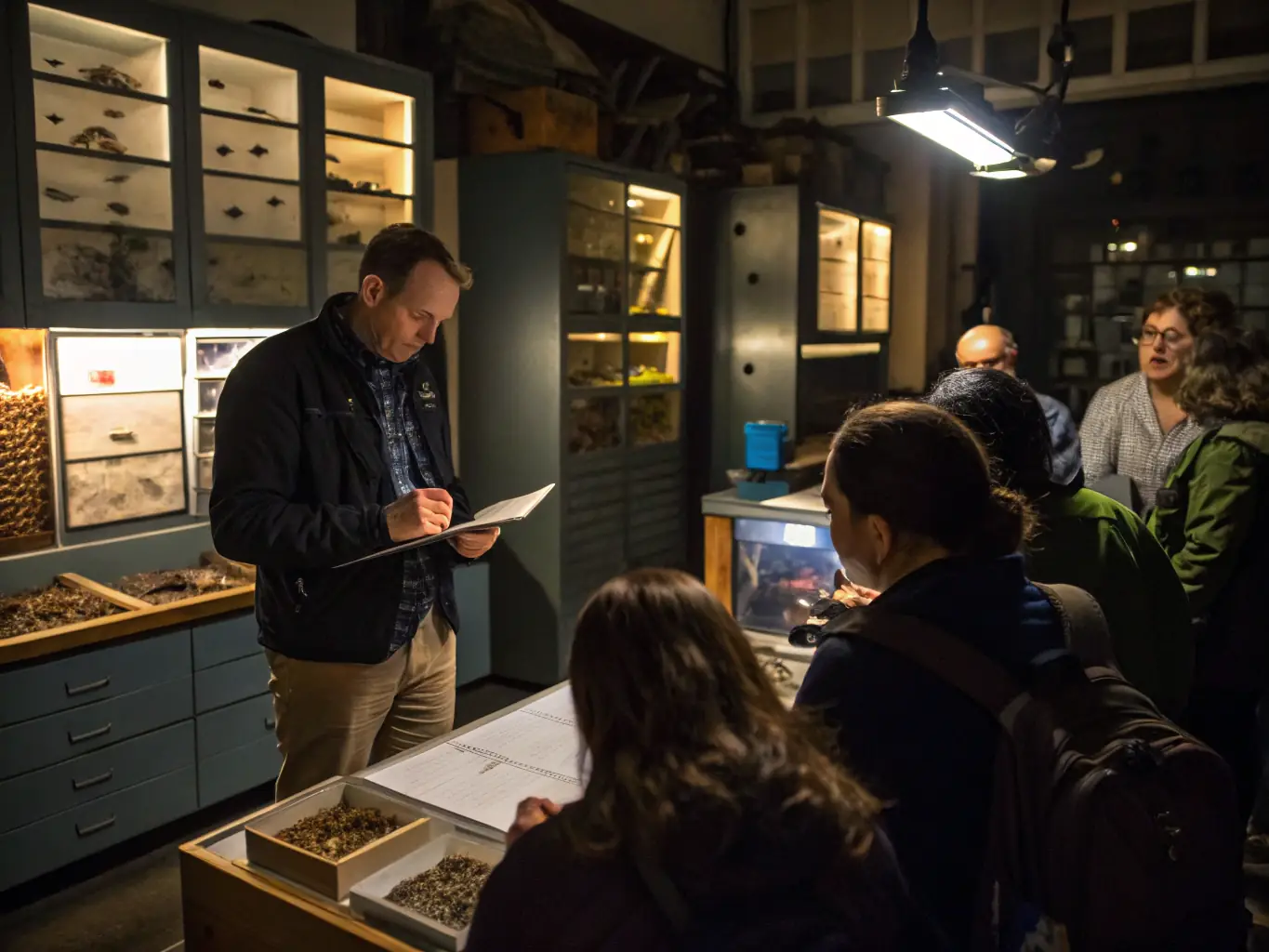A photograph capturing a group of students participating in a hands-on insect study workshop at the J H Fabre museum, surrounded by educational materials and specimens.